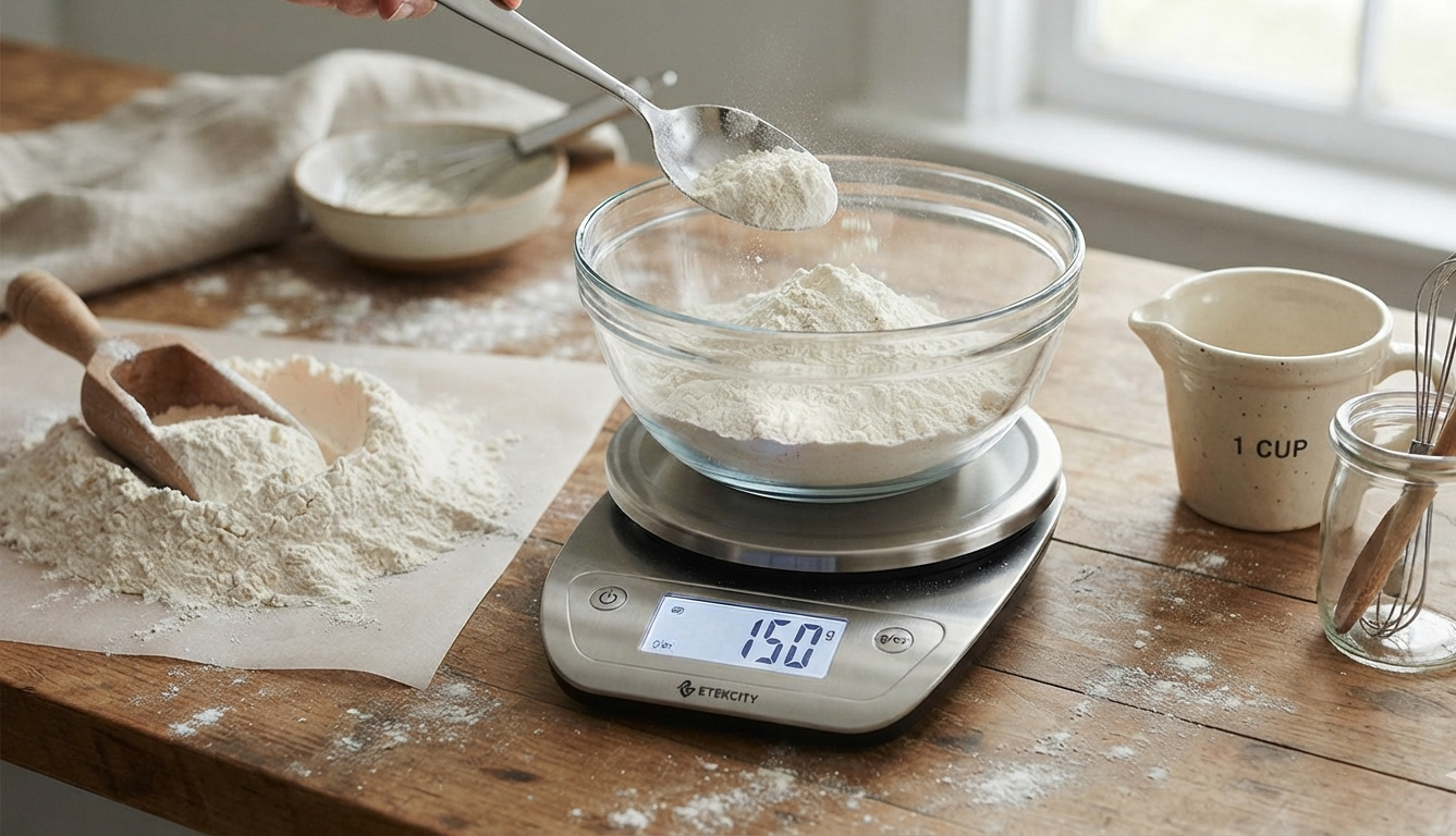 Kitchen scale and flour — precision baking measurement